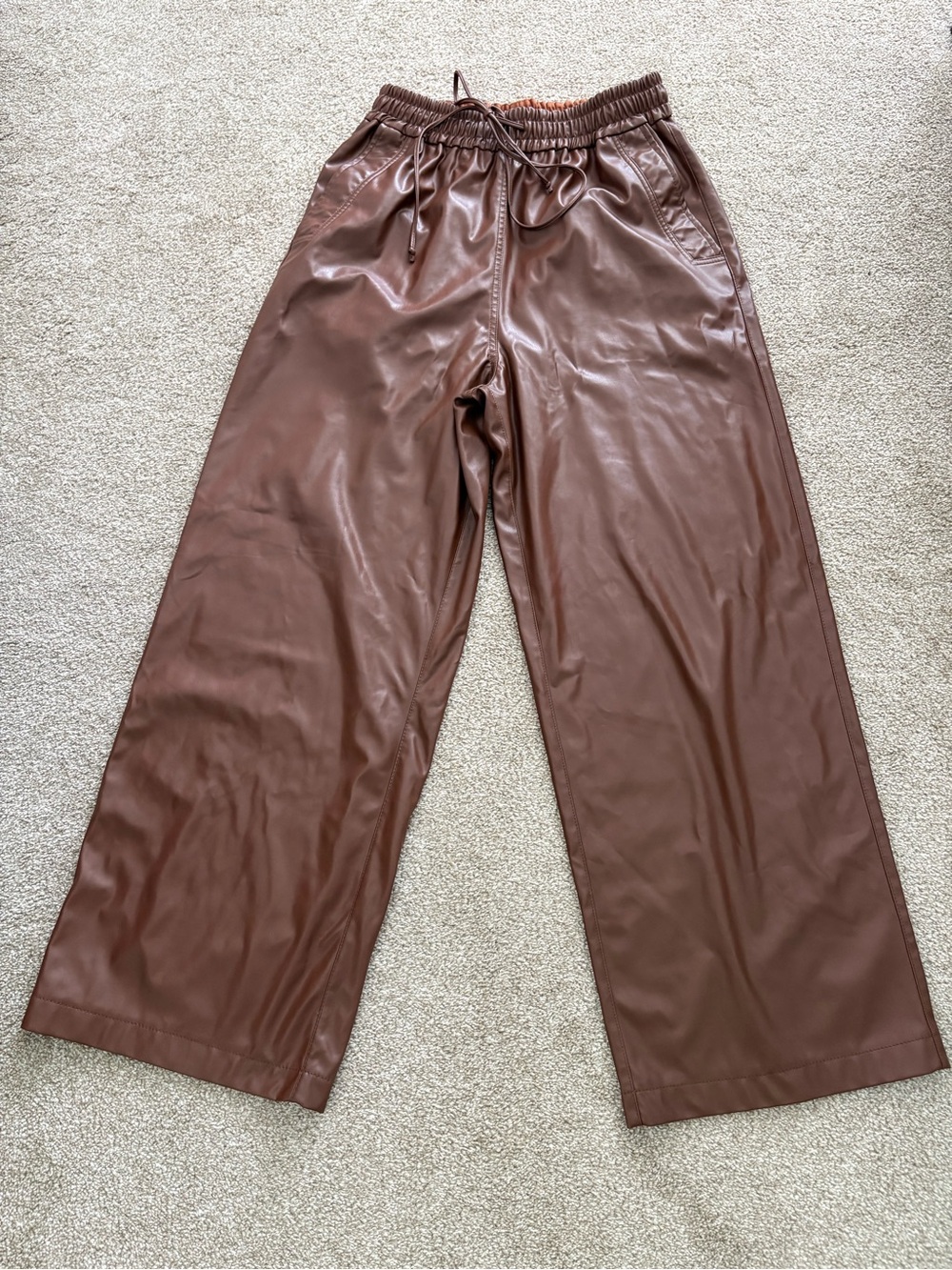 EXQUISE Anthropologie Faux Leather Super Wide-Leg Pull-On Pants Brown Medium